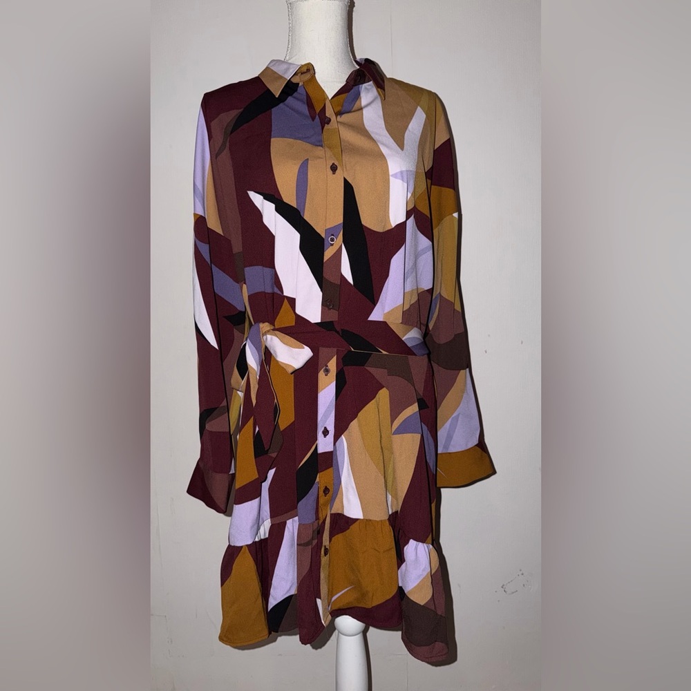 Nine West Burgundy and Mustard Abstract Button Down Shirt
